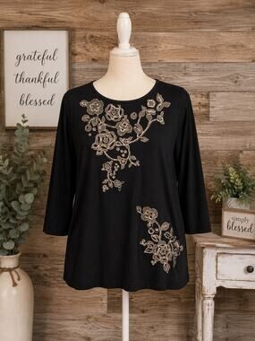 NEW Bob Mackie Wearable Art Black Gold Knit Top Size Large
